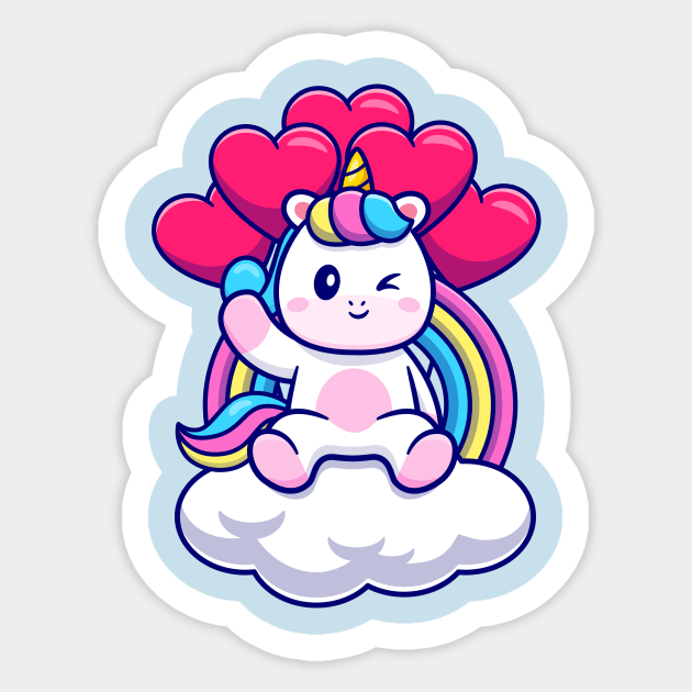 Cute Unicorn Sitting On Cloud With Rainbow And Love  Balloon Cartoon Sticker by Catalyst Labs